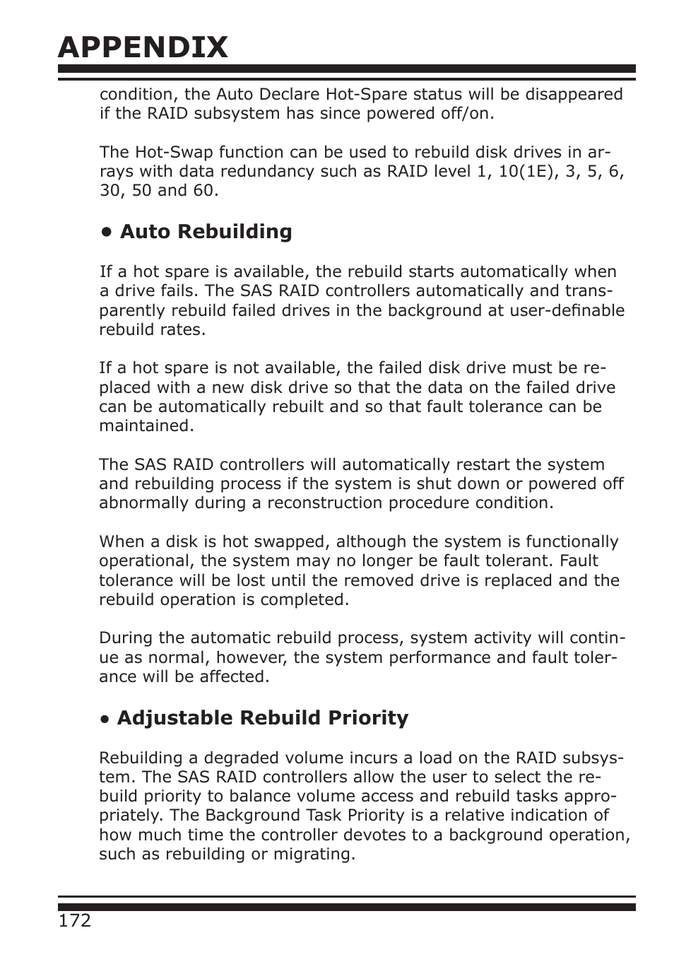 Appendix, Auto rebuilding, Adjustable rebuild priority | DATOptic ARC-1680 Series User Manual | Page 172 / 184