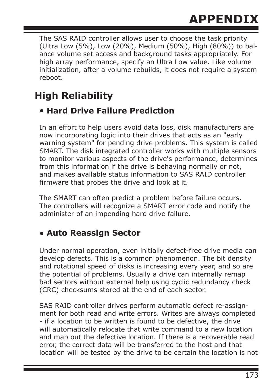 Appendix, High reliability, Hard drive failure prediction | Auto reassign sector | DATOptic ARC-1680 Series User Manual | Page 173 / 184