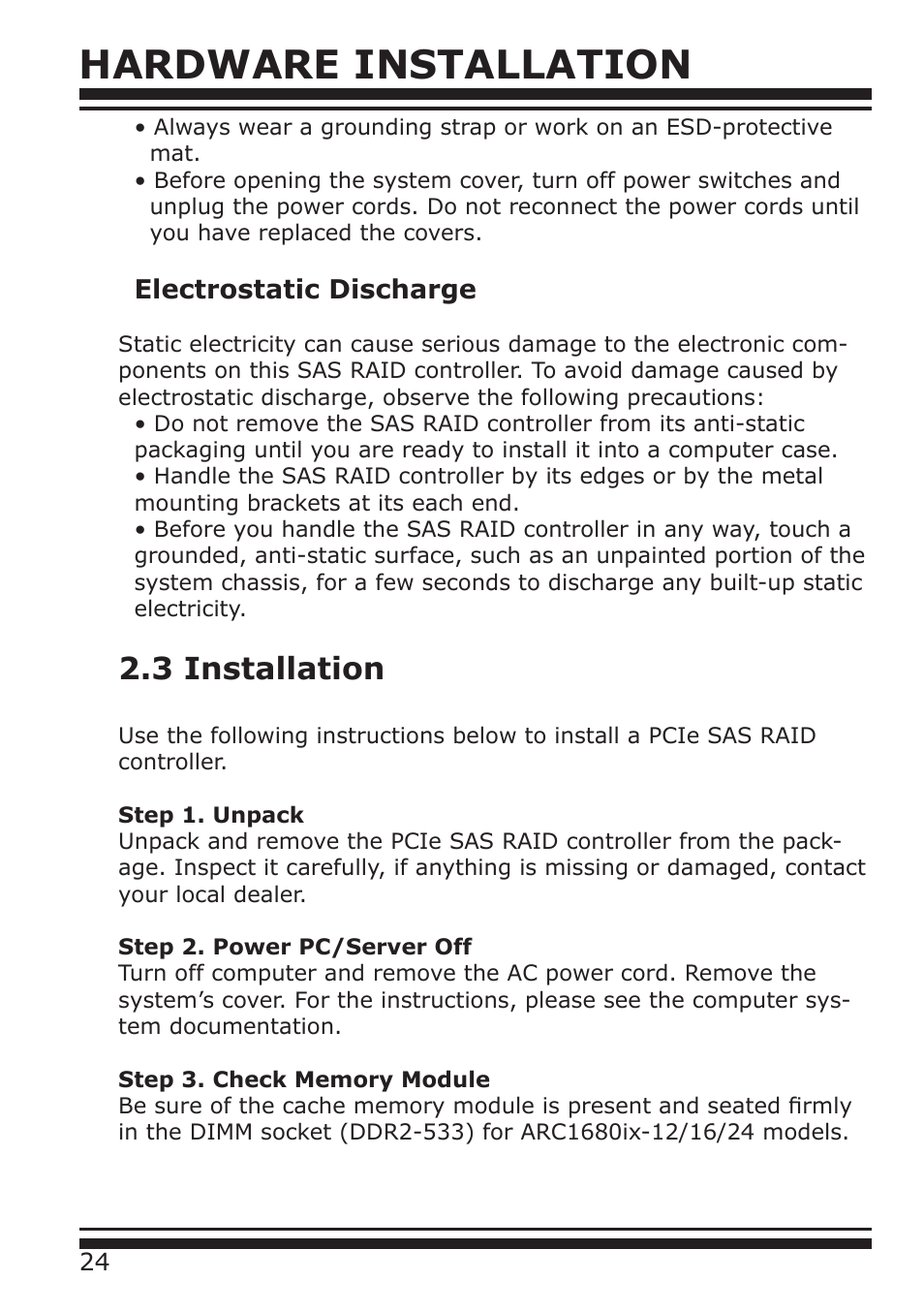 Hardware installation, 3 installation, Electrostatic discharge | DATOptic ARC-1680 Series User Manual | Page 24 / 184