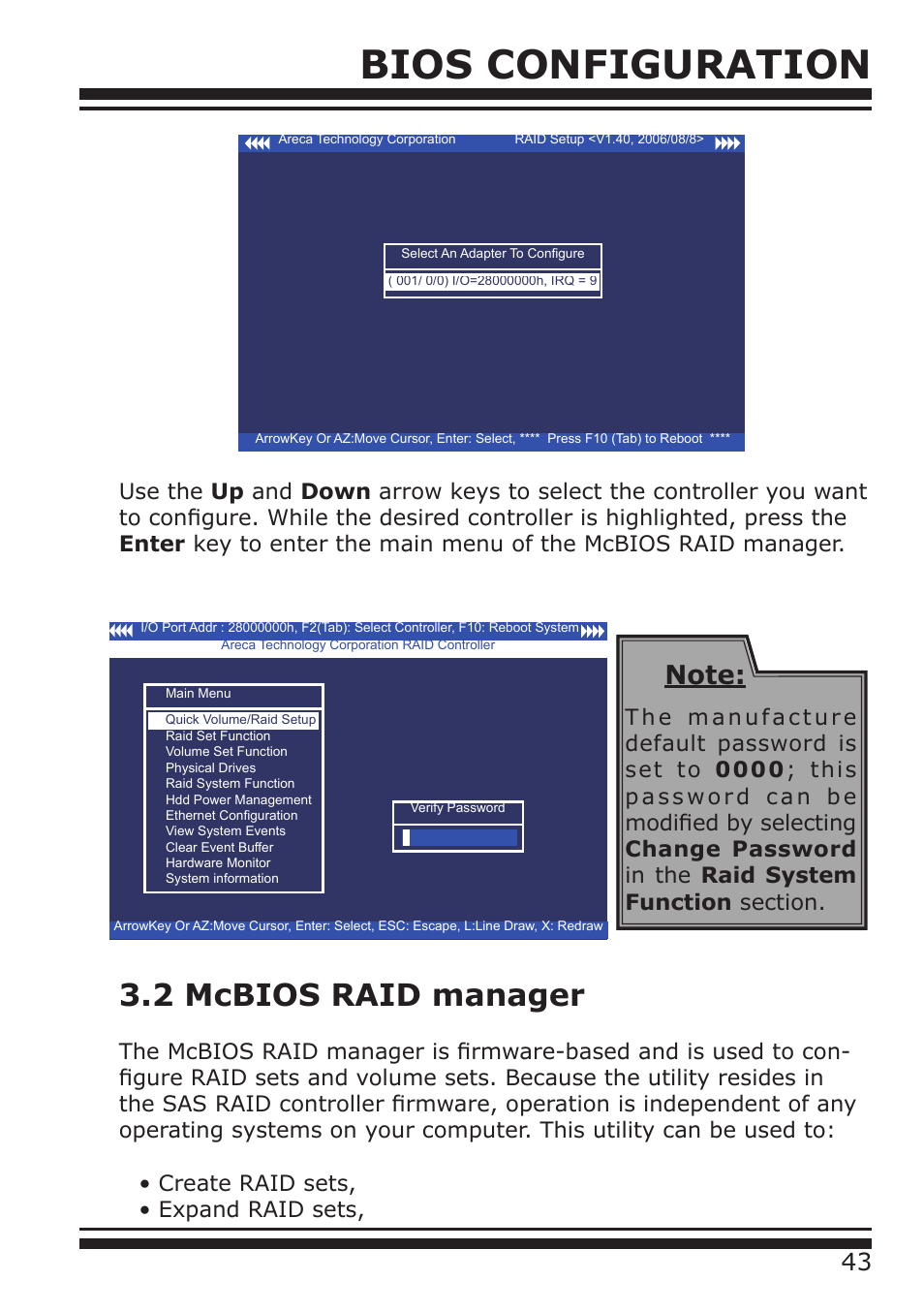 Bios configuration, 2 mcbios raid manager | DATOptic ARC-1680 Series User Manual | Page 43 / 184