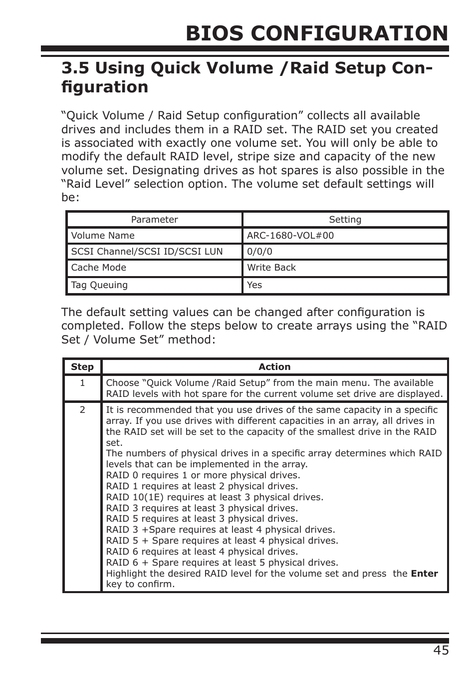 Bios configuration, 5 using quick volume /raid setup con- figuration | DATOptic ARC-1680 Series User Manual | Page 45 / 184