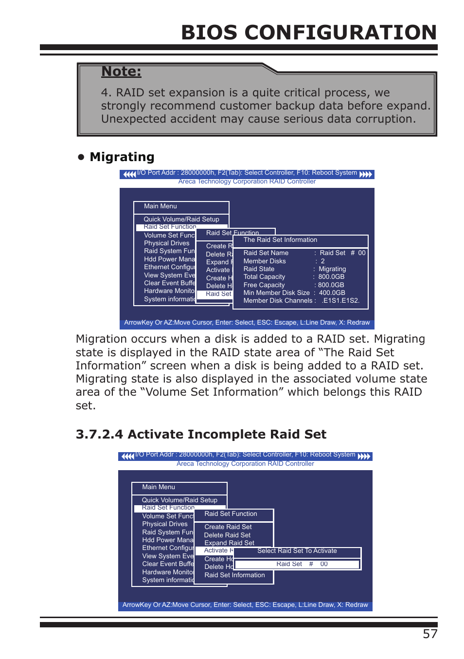 Bios configuration, 57 • migrating, 4 activate incomplete raid set | DATOptic ARC-1680 Series User Manual | Page 57 / 184