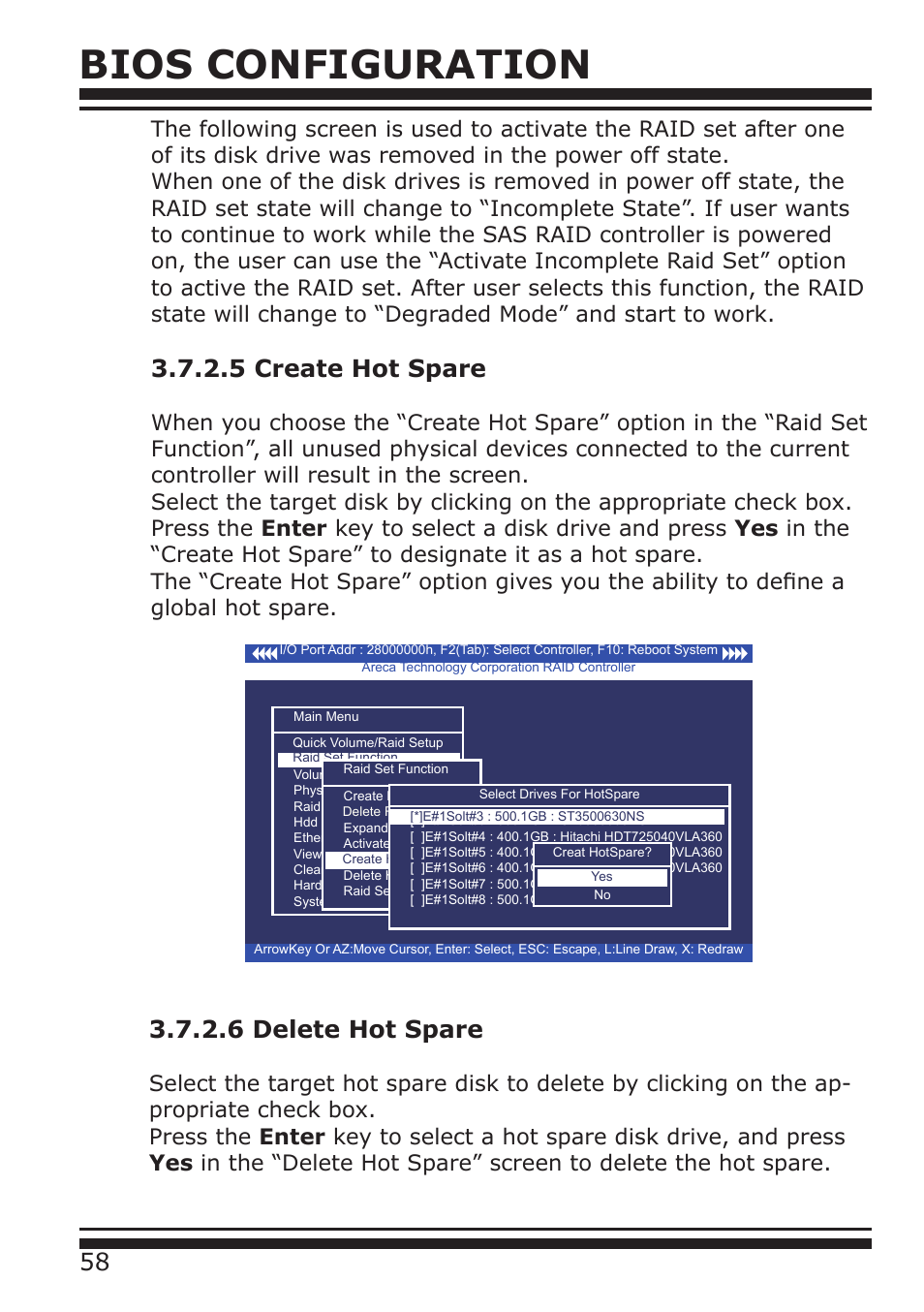 Bios configuration, 5 create hot spare, 6 delete hot spare | DATOptic ARC-1680 Series User Manual | Page 58 / 184