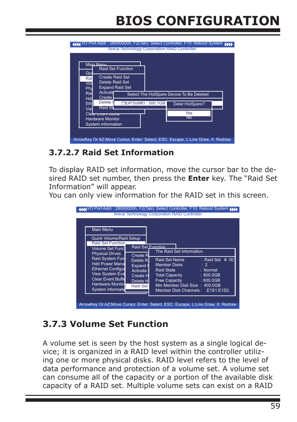 Bios configuration, 3 volume set function, 7 raid set information | DATOptic ARC-1680 Series User Manual | Page 59 / 184