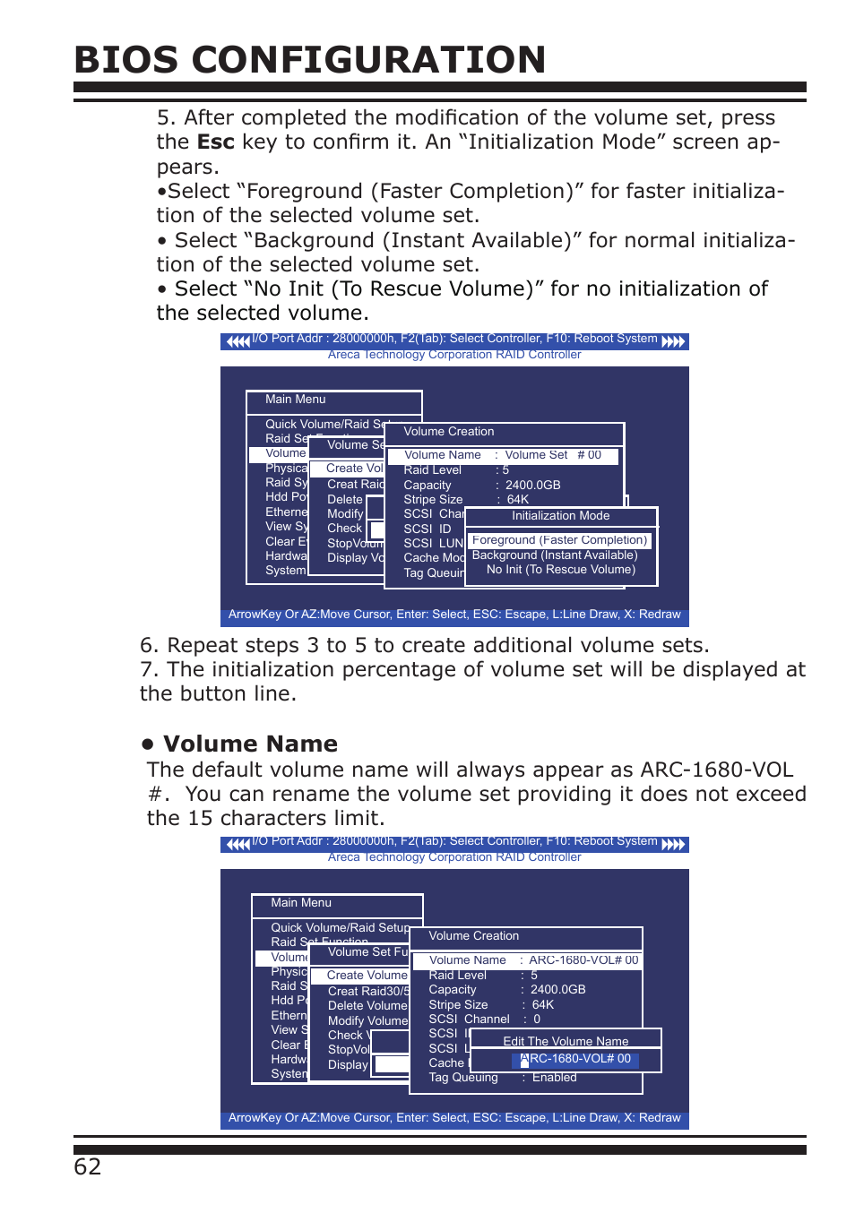 Bios configuration, Volume name | DATOptic ARC-1680 Series User Manual | Page 62 / 184