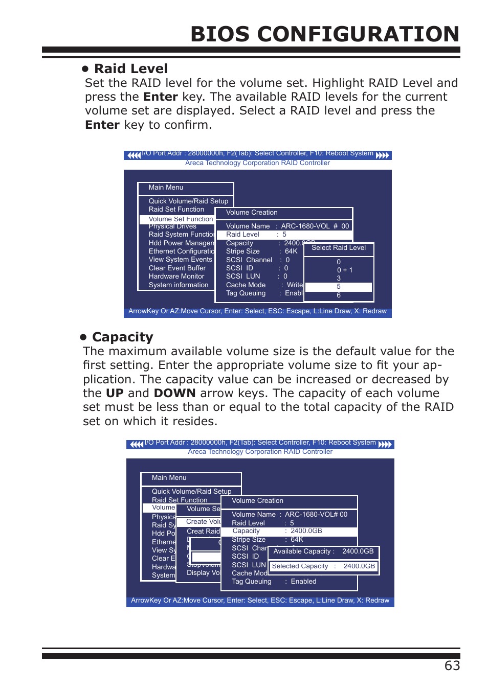 Bios configuration, 63 • raid level, Capacity | DATOptic ARC-1680 Series User Manual | Page 63 / 184