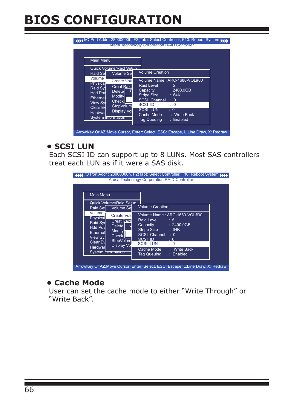 Bios configuration, 66 • scsi lun, Cache mode | DATOptic ARC-1680 Series User Manual | Page 66 / 184