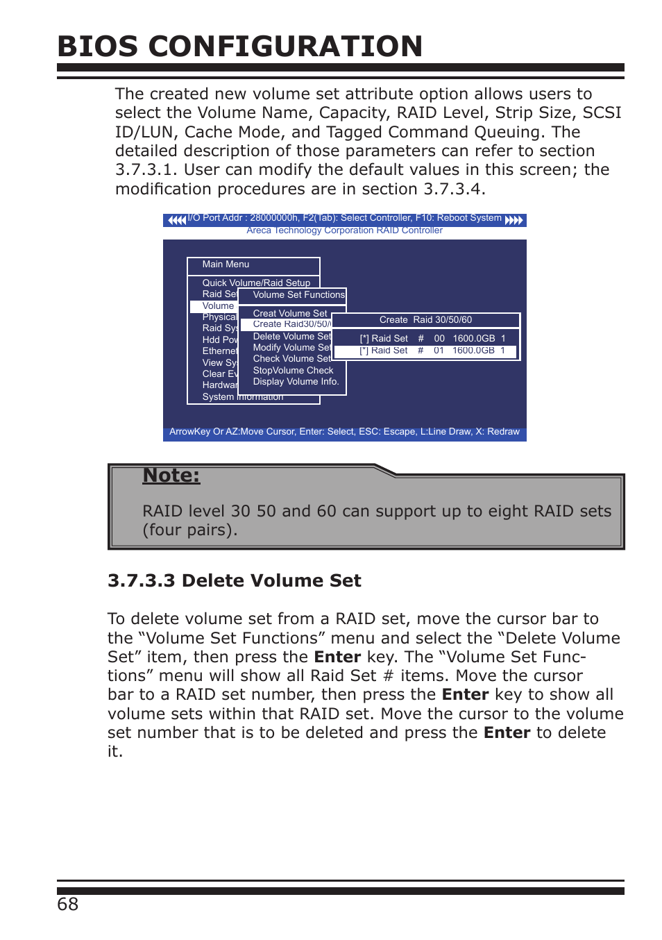 Bios configuration, 3 delete volume set | DATOptic ARC-1680 Series User Manual | Page 68 / 184