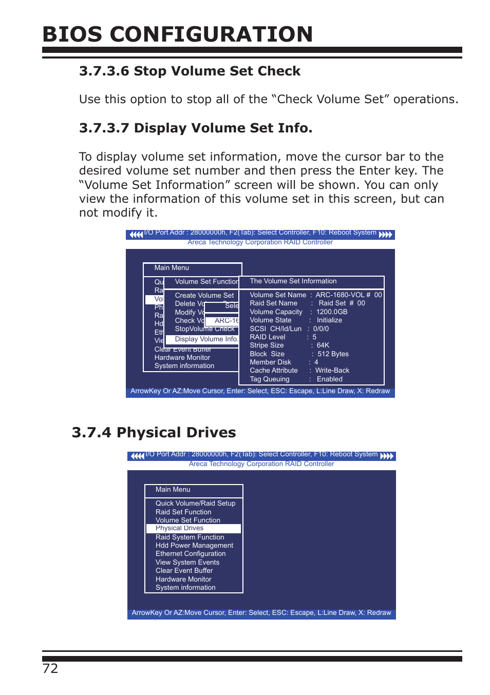 Bios configuration, 4 physical drives, 7 display volume set info | DATOptic ARC-1680 Series User Manual | Page 72 / 184