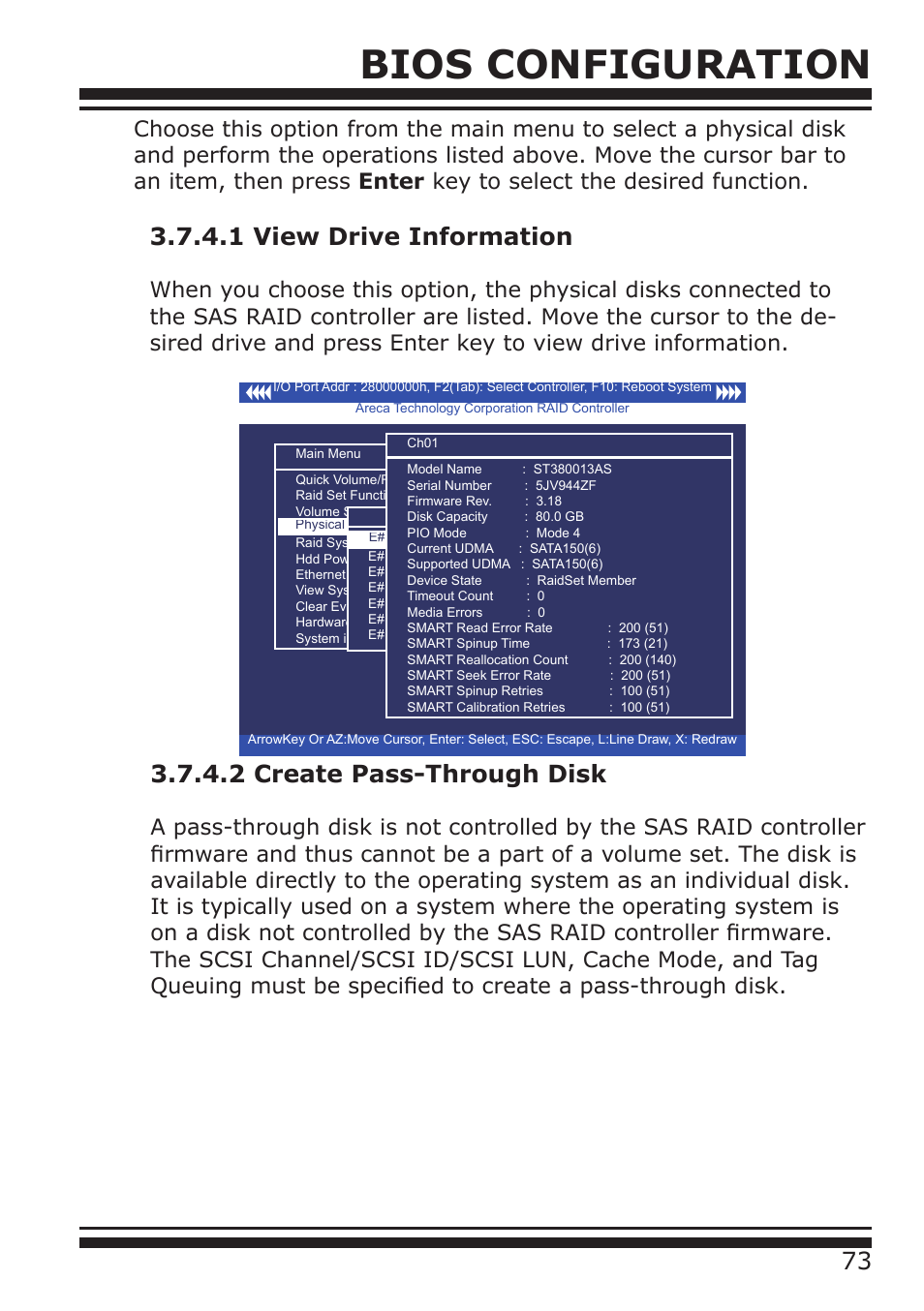 Bios configuration, 1 view drive information, 2 create pass-through disk | DATOptic ARC-1680 Series User Manual | Page 73 / 184