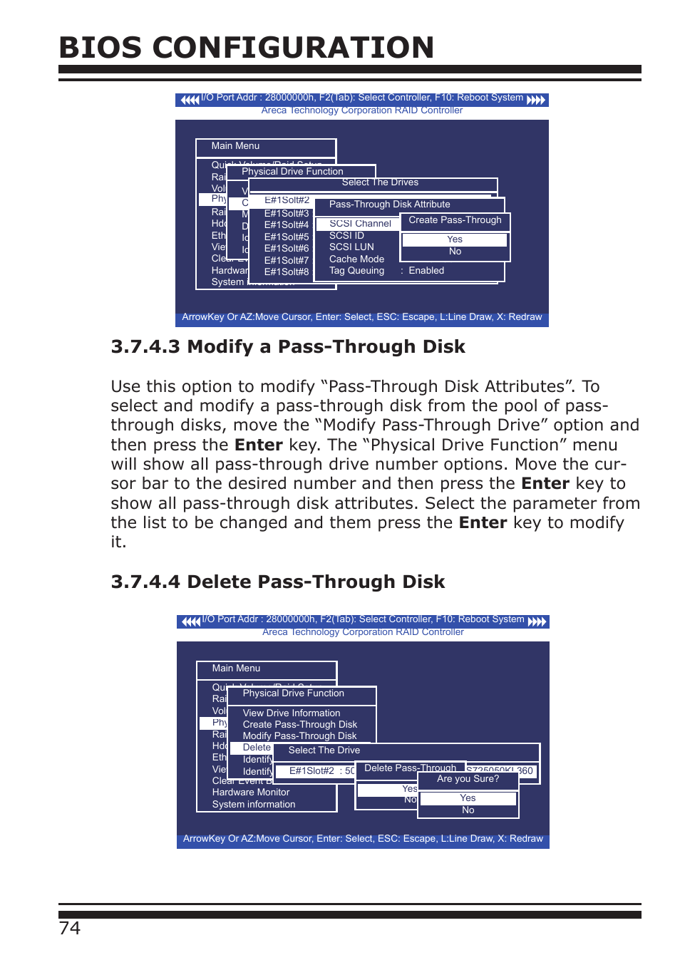 Bios configuration, 4 delete pass-through disk | DATOptic ARC-1680 Series User Manual | Page 74 / 184