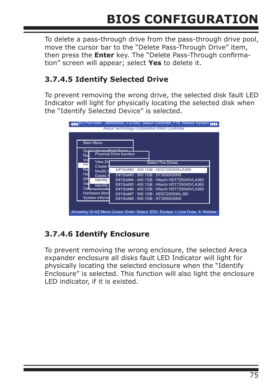 Bios configuration, 5 identify selected drive, 6 identify enclosure | DATOptic ARC-1680 Series User Manual | Page 75 / 184