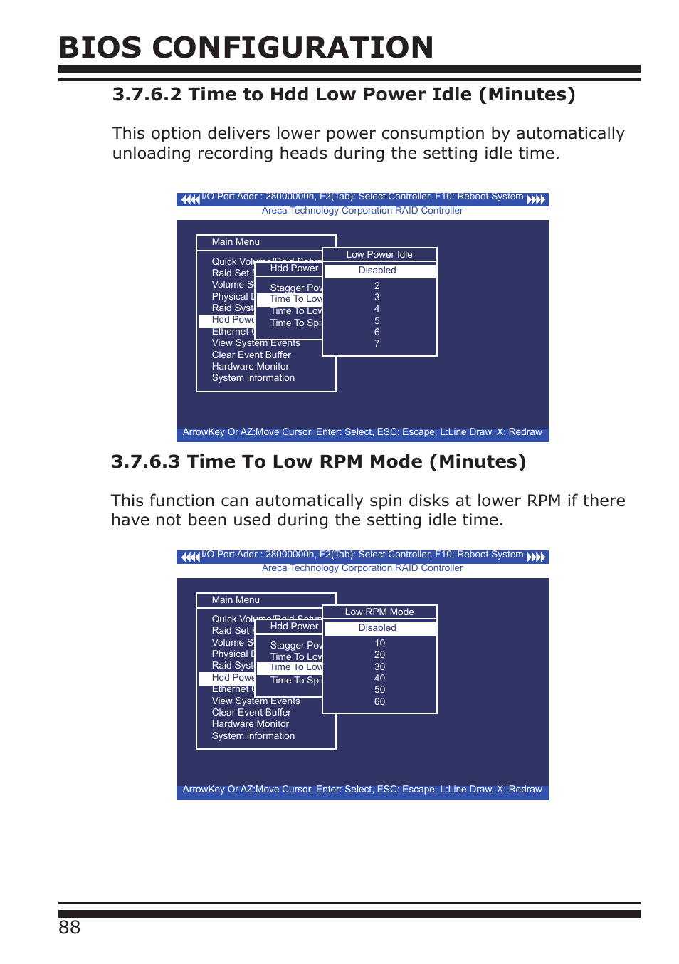 Bios configuration, 3 time to low rpm mode (minutes) | DATOptic ARC-1680 Series User Manual | Page 88 / 184