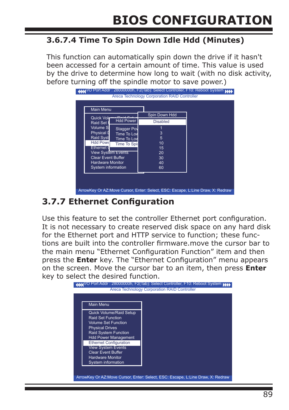 Bios configuration, 7 ethernet configuration, 4 time to spin down idle hdd (minutes) | DATOptic ARC-1680 Series User Manual | Page 89 / 184