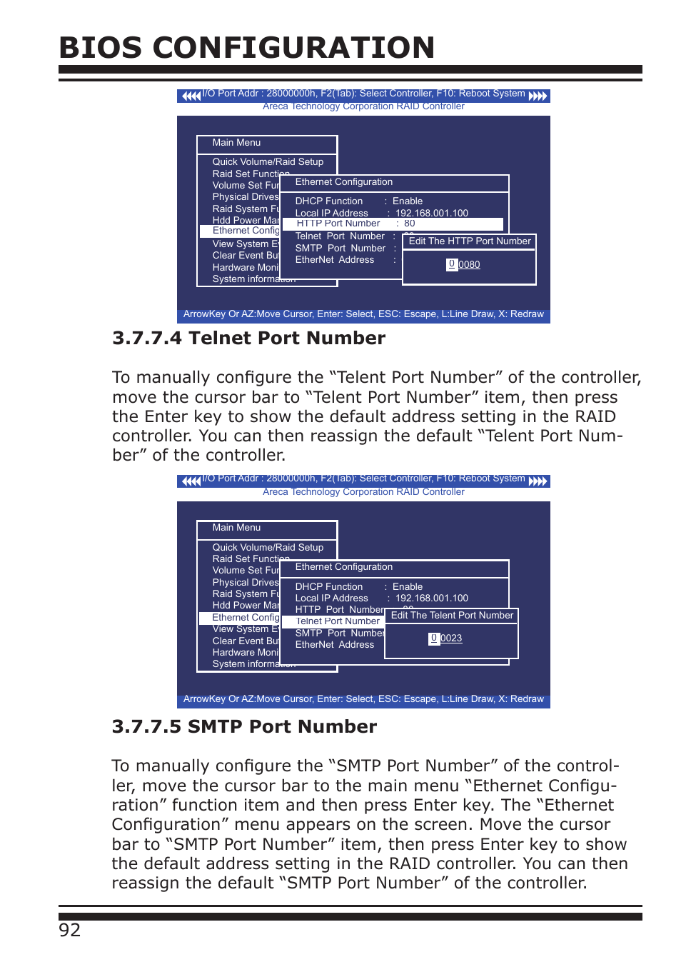 Bios configuration, 4 telnet port number, 5 smtp port number | DATOptic ARC-1680 Series User Manual | Page 92 / 184
