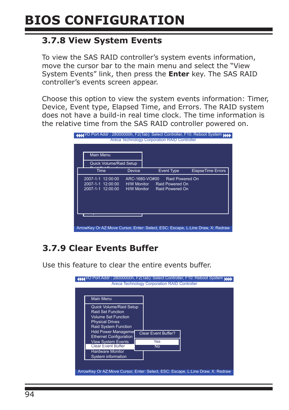 Bios configuration, 8 view system events, 9 clear events buffer | Use this feature to clear the entire events buffer | DATOptic ARC-1680 Series User Manual | Page 94 / 184