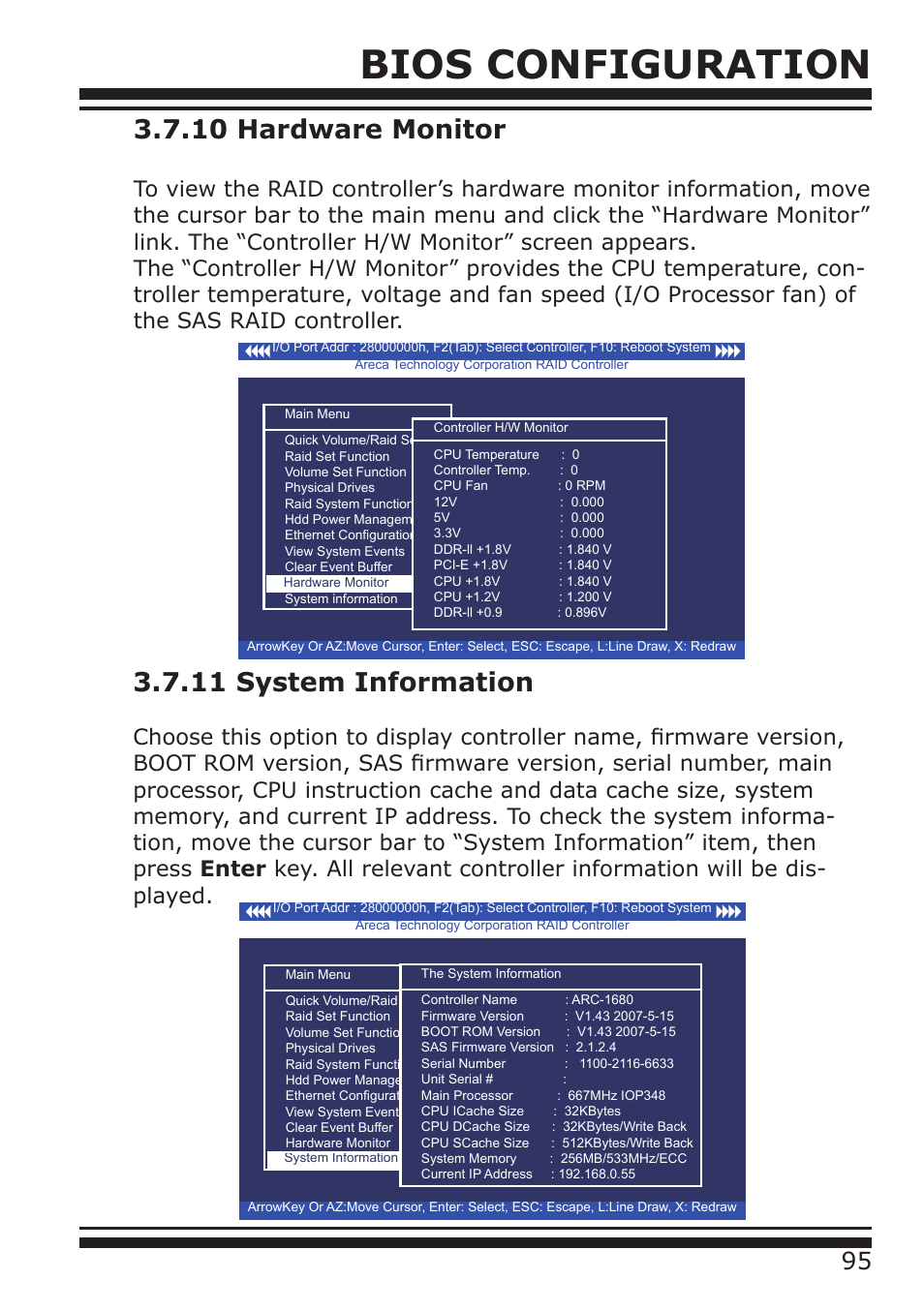 Bios configuration, 10 hardware monitor, 11 system information | DATOptic ARC-1680 Series User Manual | Page 95 / 184