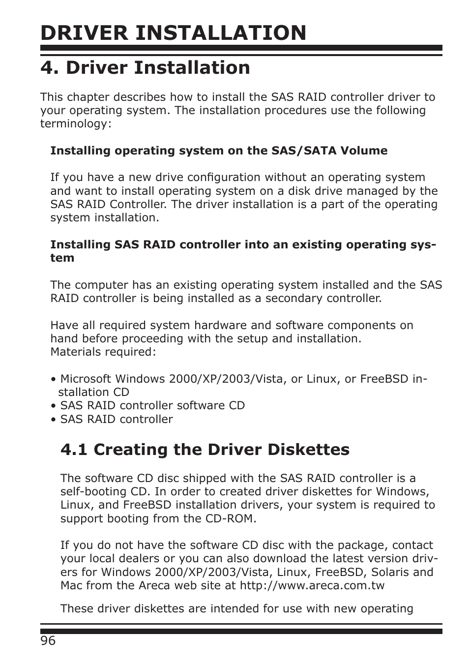 Driver installation, 1 creating the driver diskettes | DATOptic ARC-1680 Series User Manual | Page 96 / 184