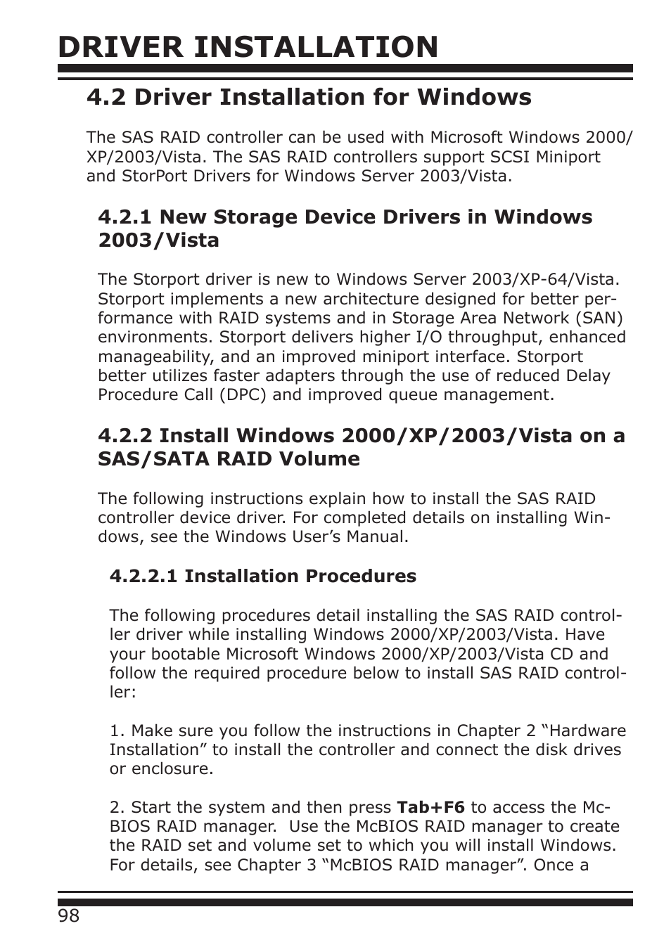 Driver installation, 2 driver installation for windows | DATOptic ARC-1680 Series User Manual | Page 98 / 184