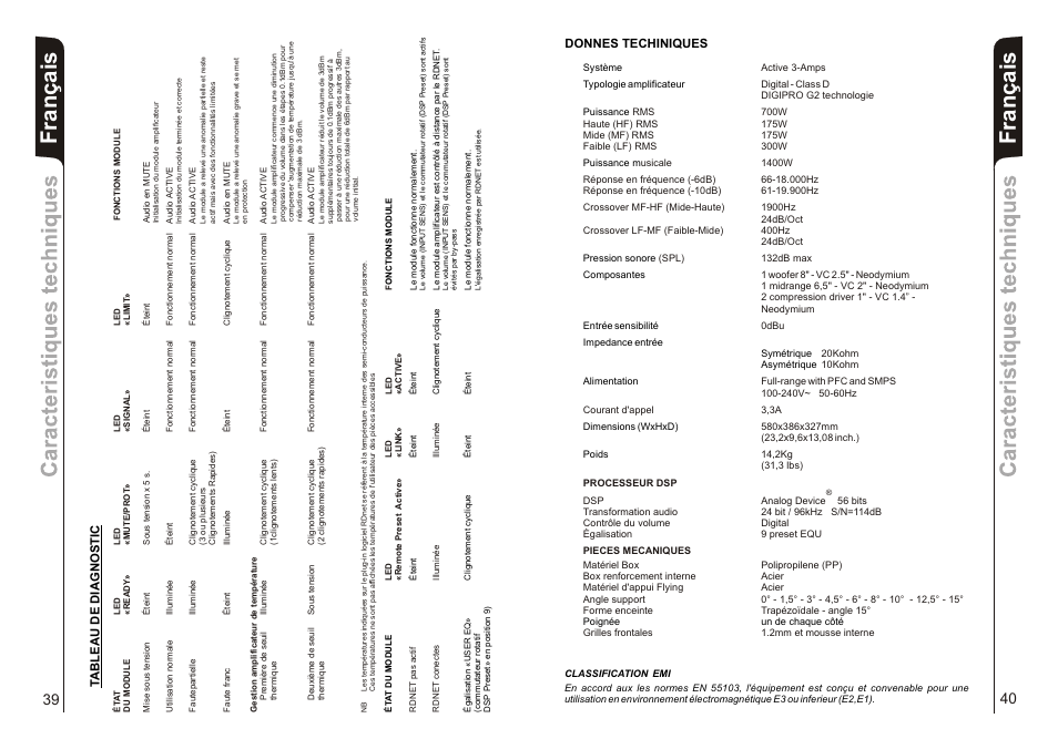 Français, Donnes techiniques, Tableau de diagnostic | dB TECHNOLOGIES DVA T8 User Manual | Page 21 / 32