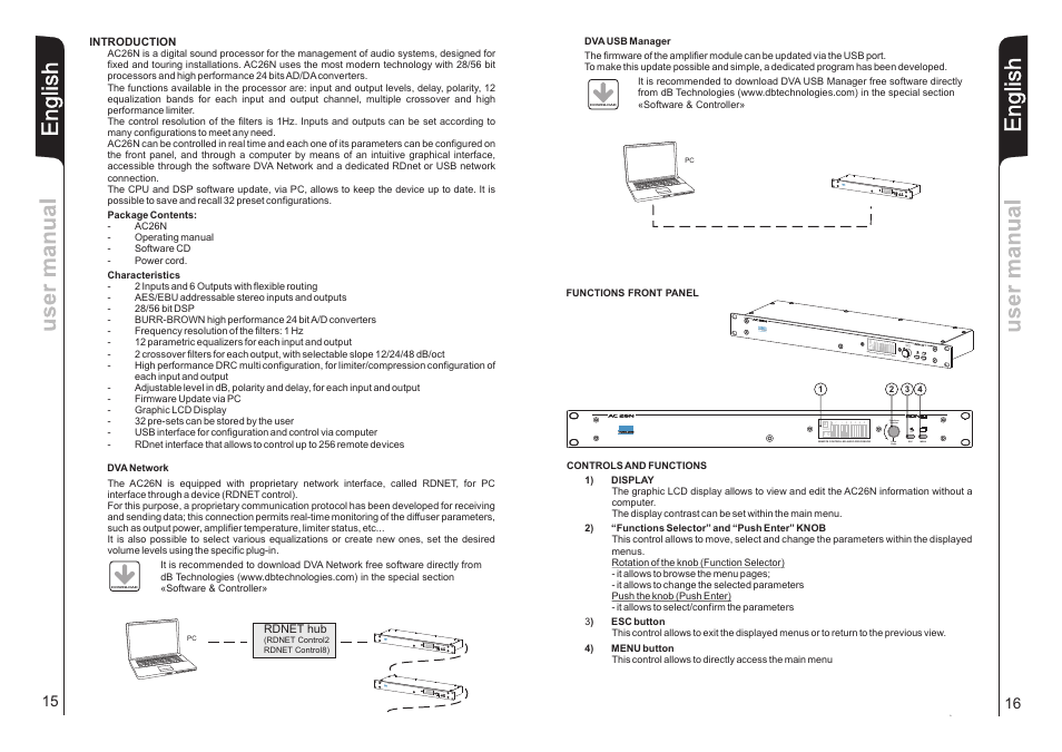 English, Local m 0, Push enter functions selector esc menu | dB TECHNOLOGIES AC26N User Manual | Page 9 / 32