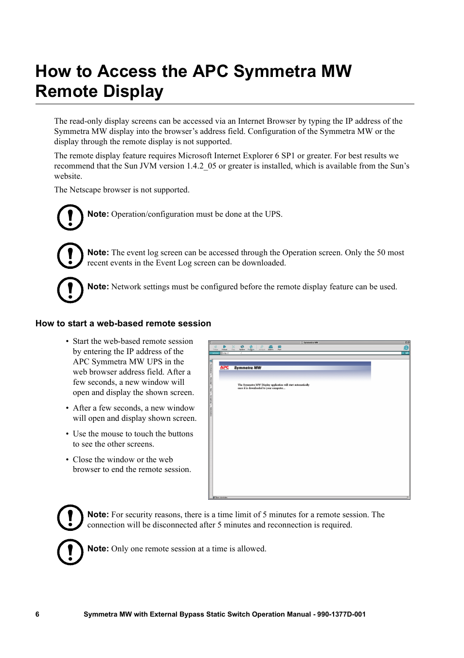 How to access the apc symmetra mw remote display, How to start a web-based remote session | APC SYMMETRA 990 User Manual | Page 10 / 32