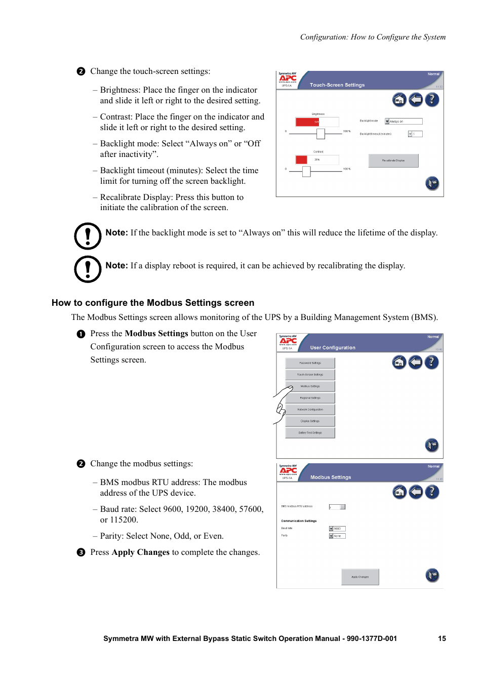How to configure the modbus settings screen | APC SYMMETRA 990 User Manual | Page 19 / 32