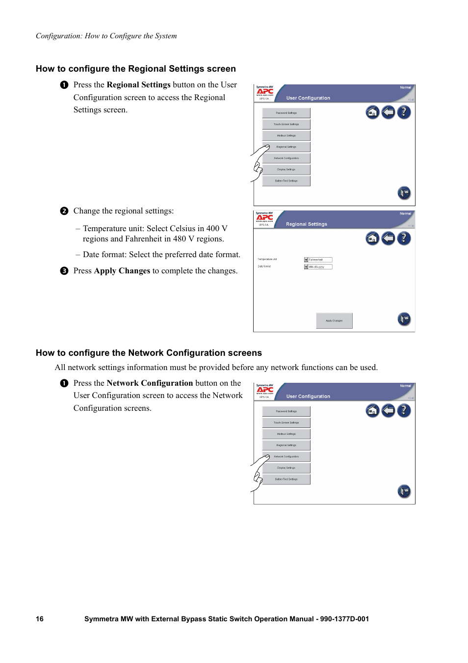 How to configure the regional settings screen, How to configure the network configuration screens | APC SYMMETRA 990 User Manual | Page 20 / 32