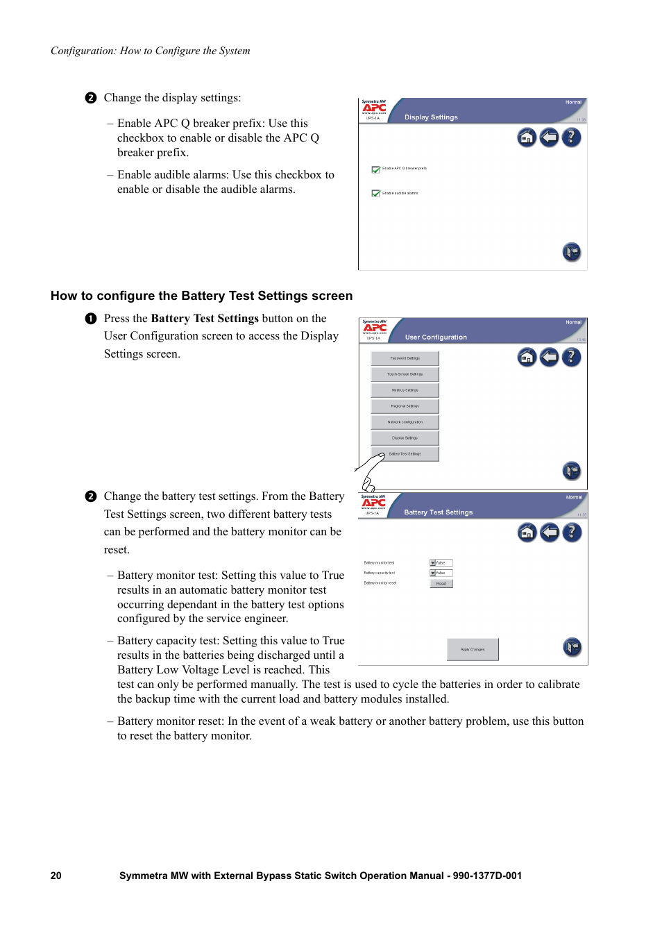 How to configure the battery test settings screen | APC SYMMETRA 990 User Manual | Page 24 / 32