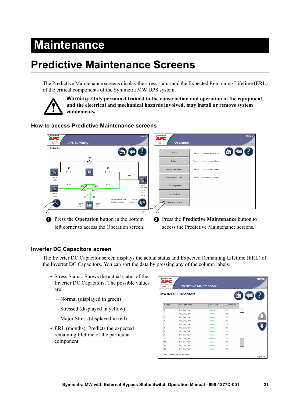 Maintenance, Predictive maintenance screens, How to access predictive maintenance screens | Inverter dc capacitors screen | APC SYMMETRA 990 User Manual | Page 25 / 32
