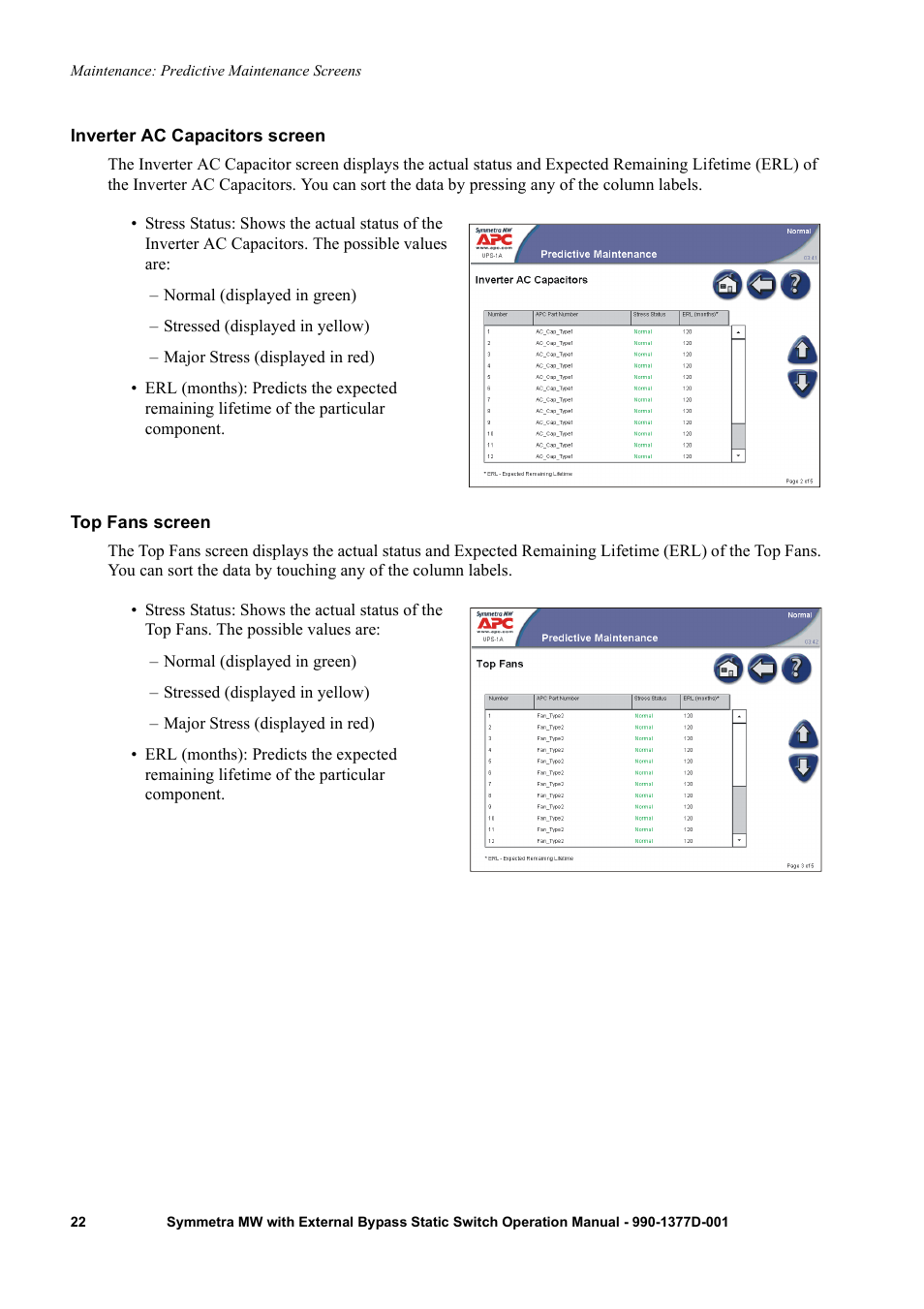 Inverter ac capacitors screen, Top fans screen | APC SYMMETRA 990 User Manual | Page 26 / 32
