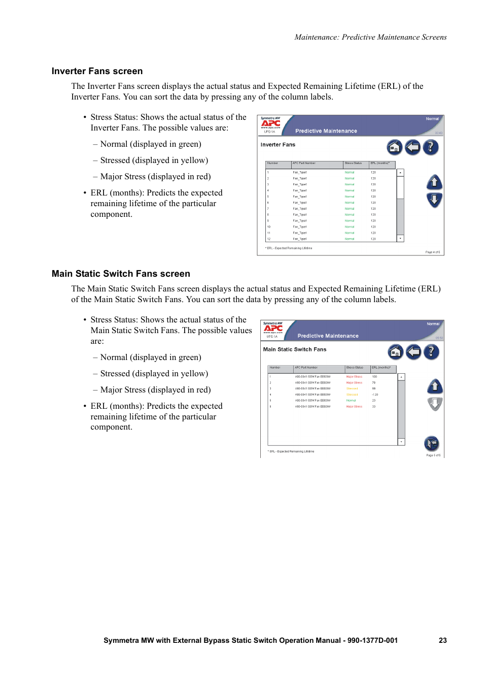 Inverter fans screen, Main static switch fans screen | APC SYMMETRA 990 User Manual | Page 27 / 32