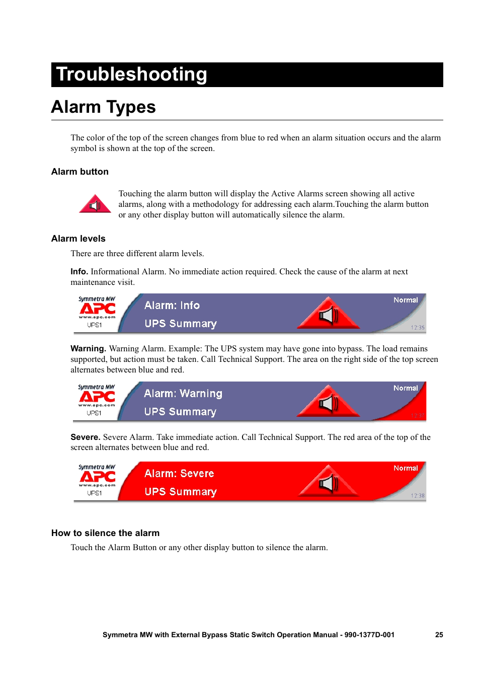 Troubleshooting, Alarm types, Alarm button | Alarm levels, How to silence the alarm | APC SYMMETRA 990 User Manual | Page 29 / 32