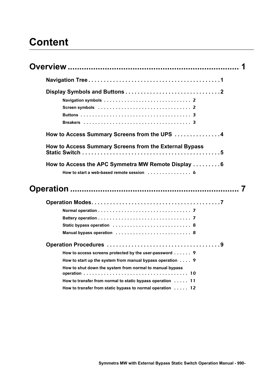 Content, Overview, Operation | APC SYMMETRA 990 User Manual | Page 3 / 32