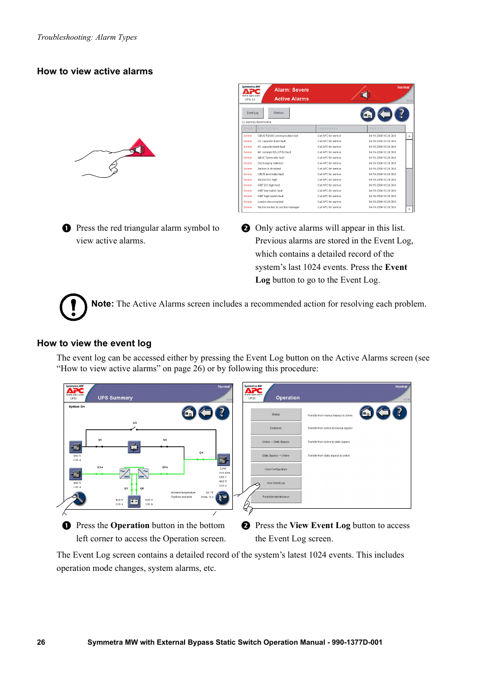 How to view active alarms, How to view the event log | APC SYMMETRA 990 User Manual | Page 30 / 32
