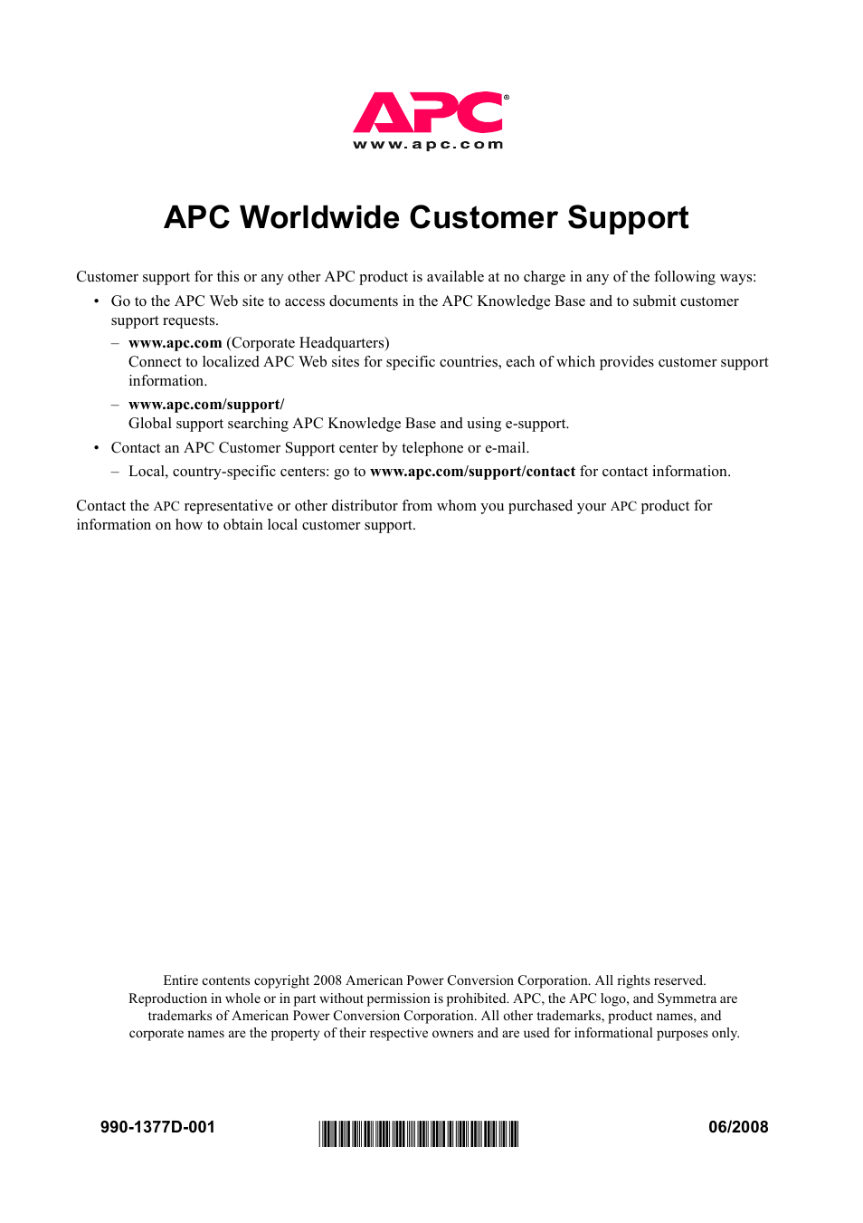 Apc worldwide customer support | APC SYMMETRA 990 User Manual | Page 32 / 32