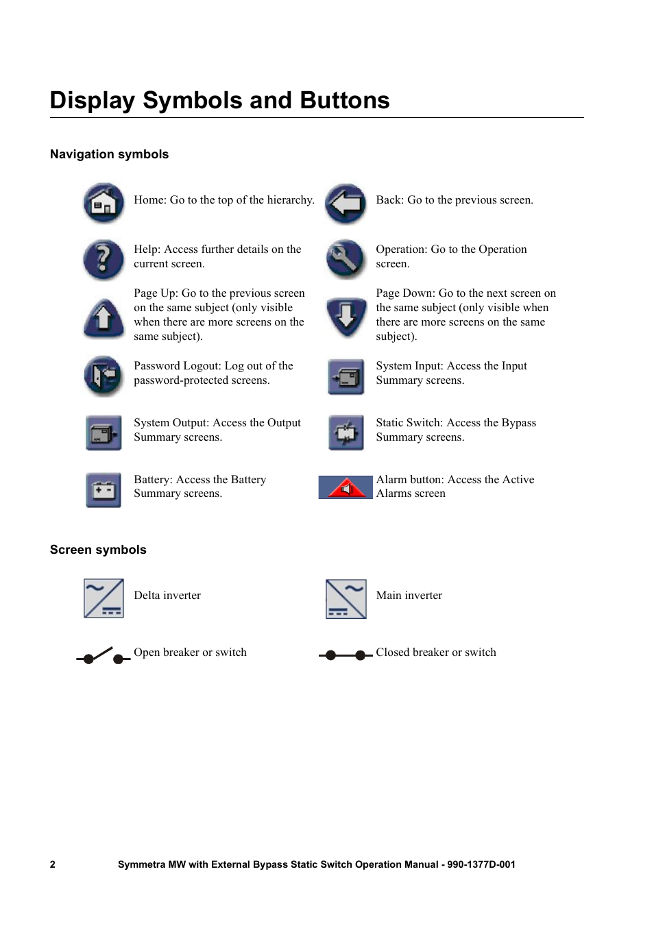 Display symbols and buttons, Navigation symbols, Screen symbols | APC SYMMETRA 990 User Manual | Page 6 / 32
