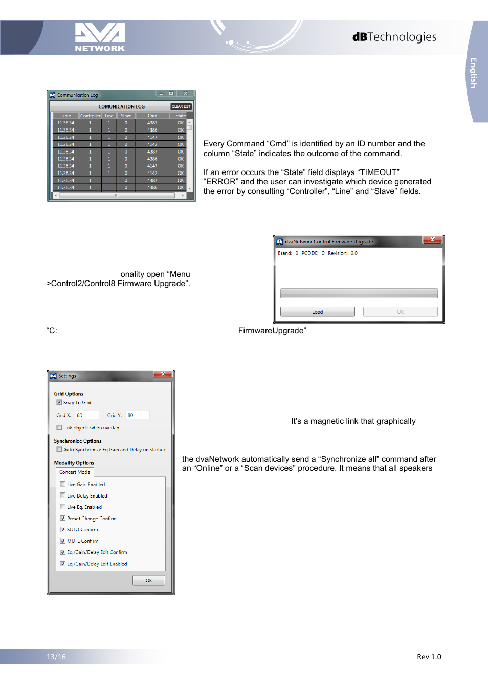 6 communication log, 7 control 2 / control 8 firmware upgrade, 8 settings | Communication log, Control 2 / control 8 firmware upgrade, Settings | dB TECHNOLOGIES DVA NETWORK 1.2 Reference Manual User Manual | Page 14 / 16