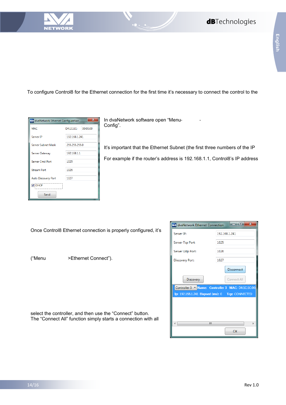 6 ethernet connection, 1 configure control 8, 2 connection procedure | Ethernet connection, Configure control 8, Connection procedure | dB TECHNOLOGIES DVA NETWORK 1.2 Reference Manual User Manual | Page 15 / 16