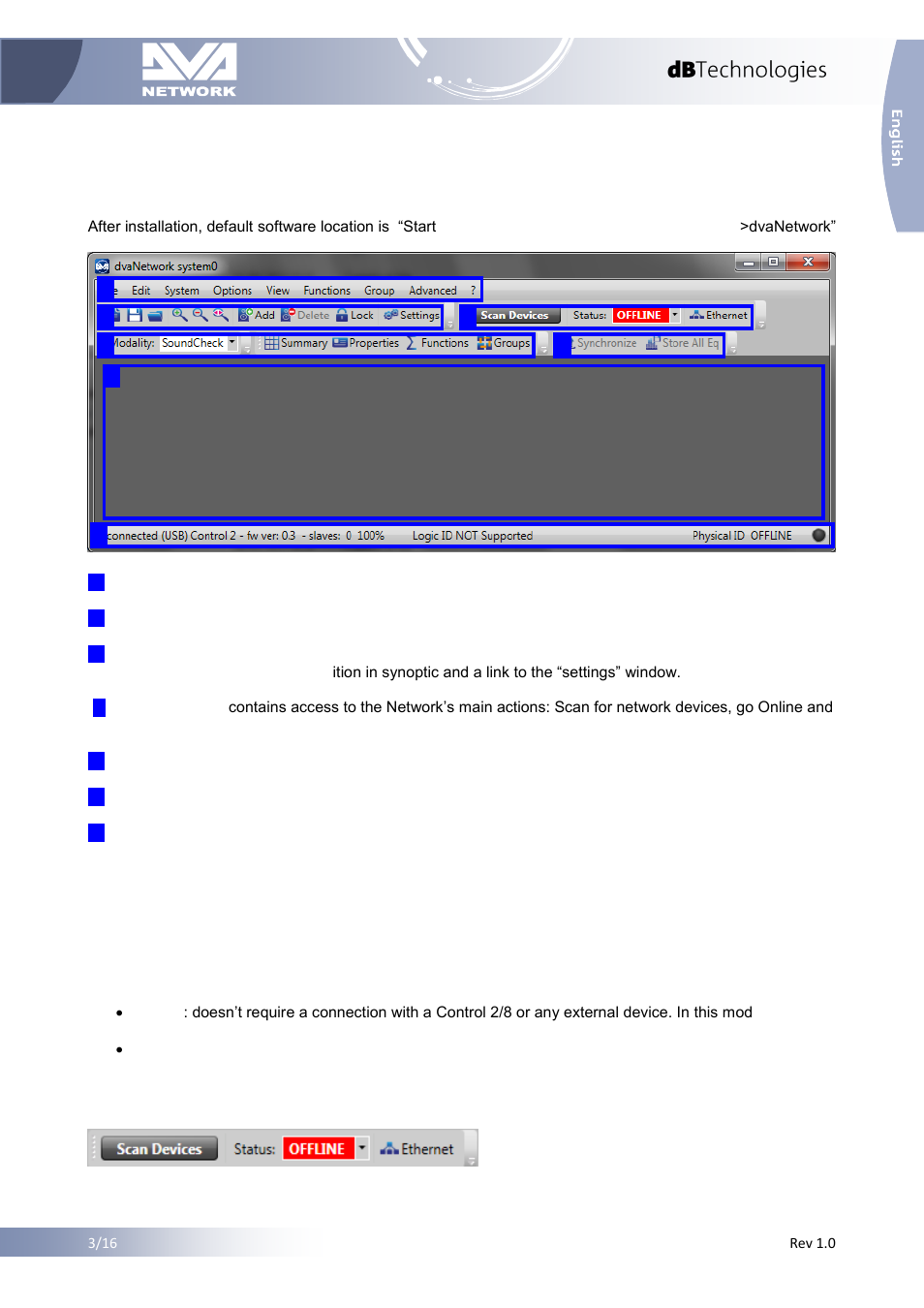 2 software basic operations, 1 main view elements, 2 scanning device and online procedure | Software basic operations, Main view elements, Scanning device and online procedure | dB TECHNOLOGIES DVA NETWORK 1.2 Reference Manual User Manual | Page 4 / 16