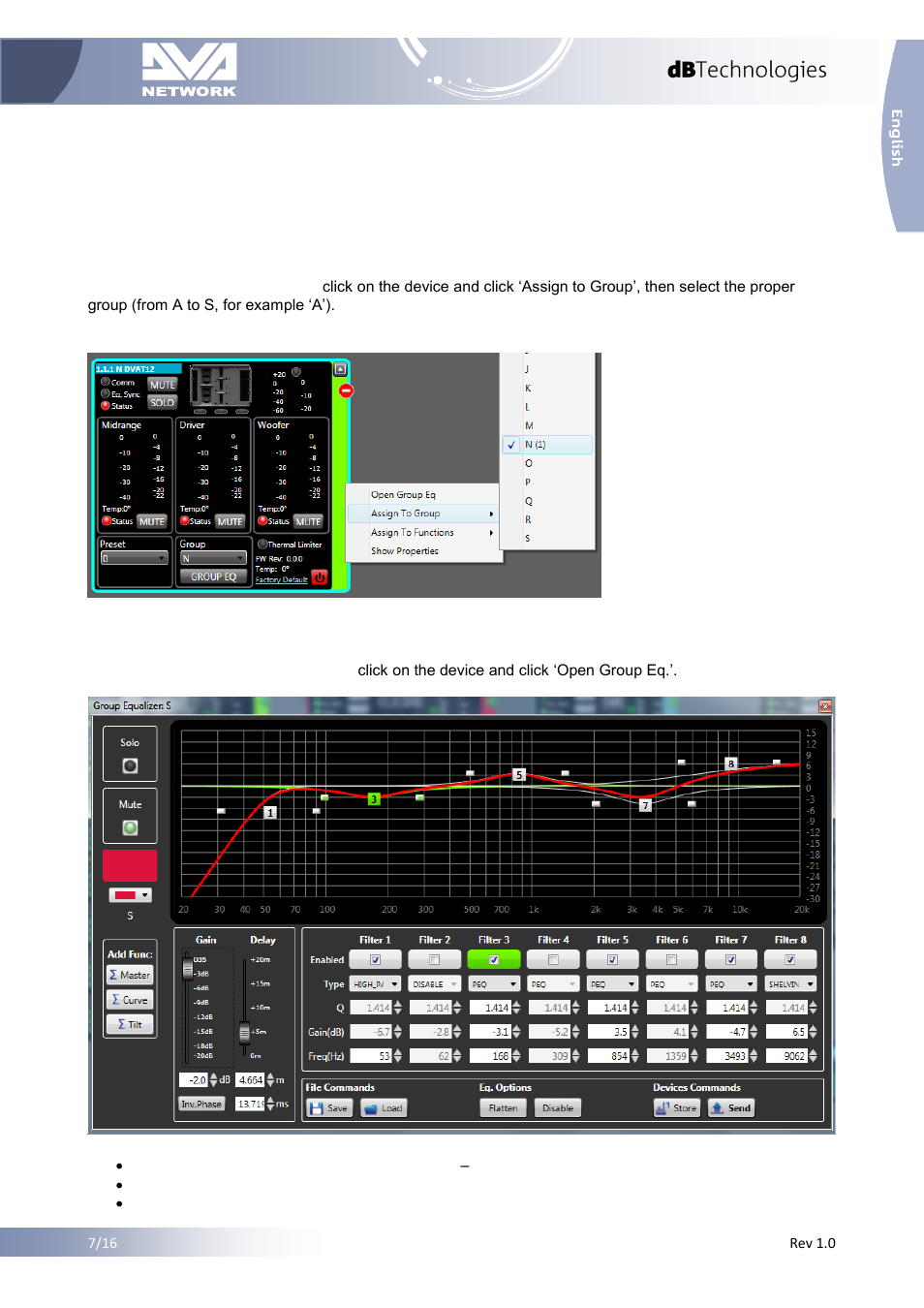 3 groups and eq, 1 create a group, 2 edit eq, gain and delay of a group | Groups and eq, Create a group, Edit eq, gain and delay of a group | dB TECHNOLOGIES DVA NETWORK 1.2 Reference Manual User Manual | Page 8 / 16