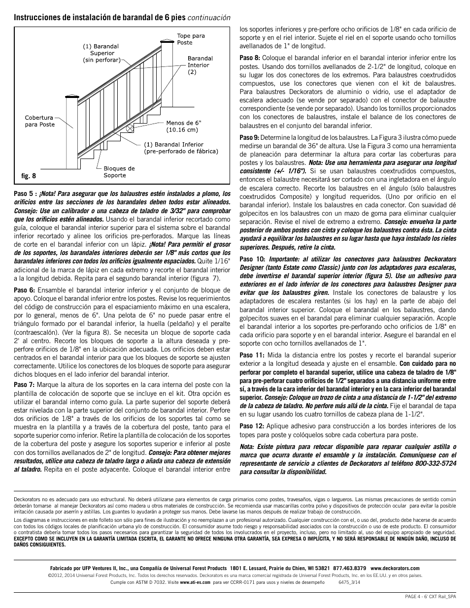 Instrucciones de instalación de barandal de 6 pies | Deckorators CXT6 Rail User Manual | Page 12 / 12