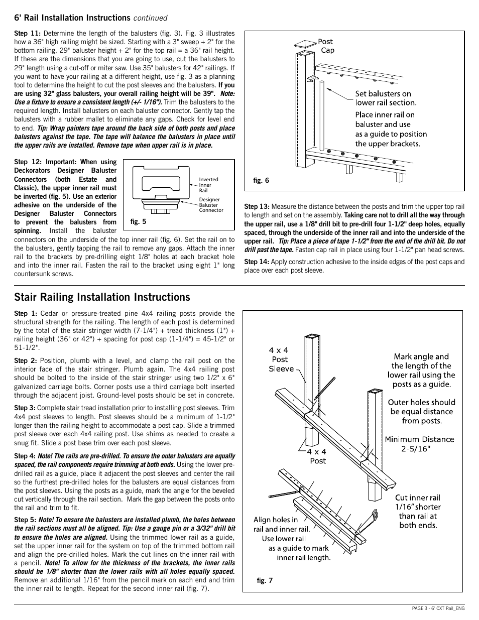 Stair railing installation instructions, 6' rail installation instructions | Deckorators CXT6 Rail User Manual | Page 3 / 12