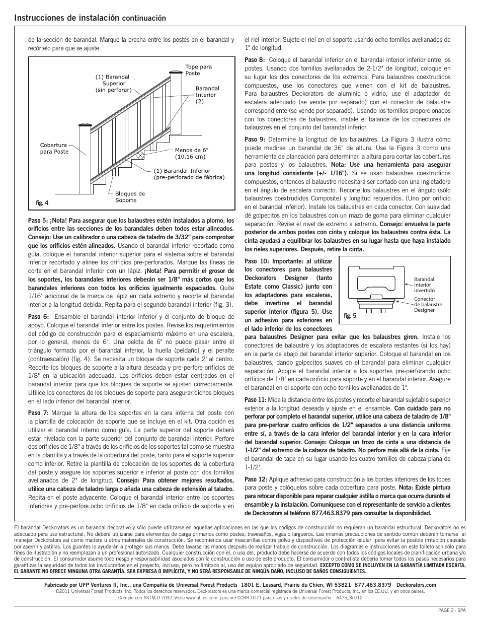 Instrucciones de instalación, Continuación | Deckorators CXT6 Graspable Stair Rail User Manual | Page 6 / 6