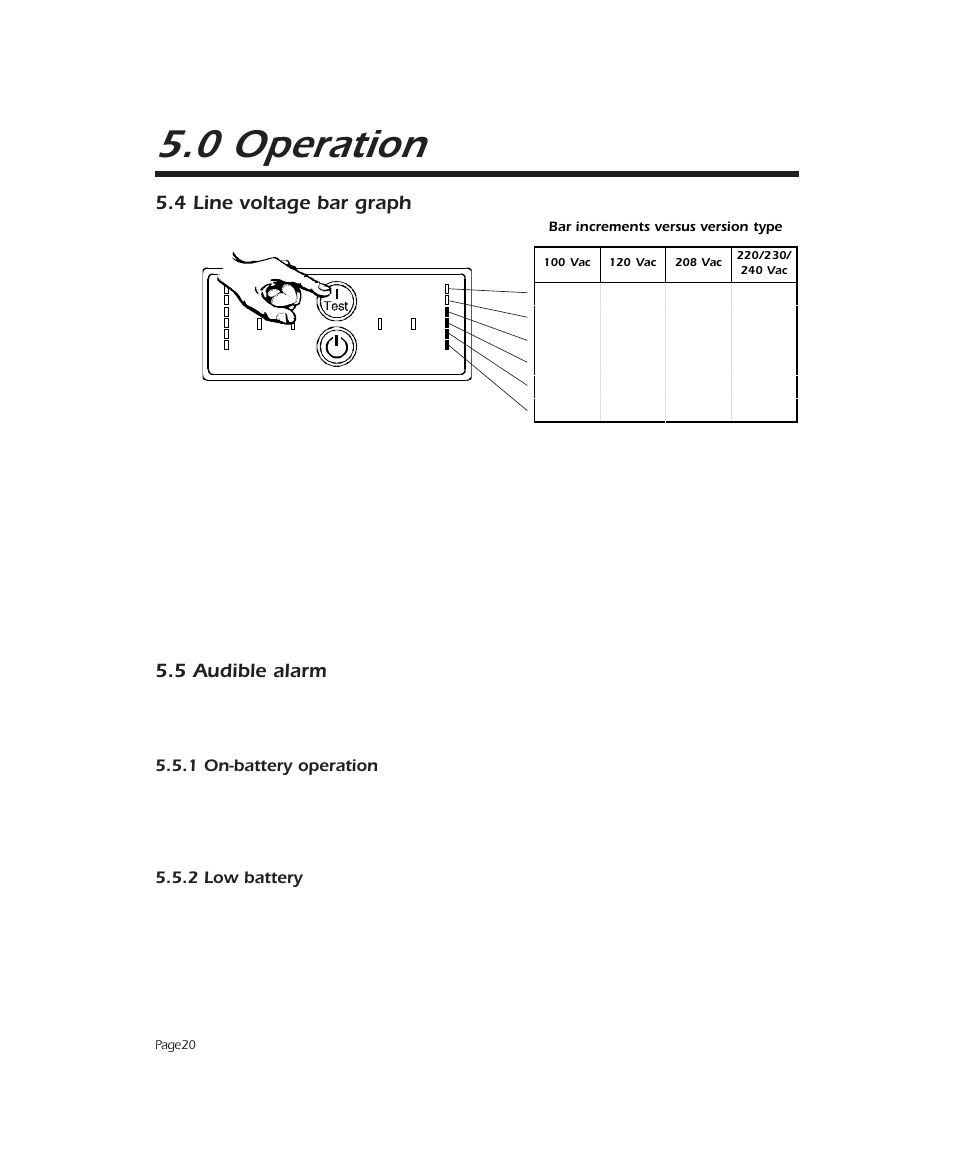 0 operation, 4 line voltage bar graph, 5 audible alarm | APC 2000 User Manual | Page 22 / 44