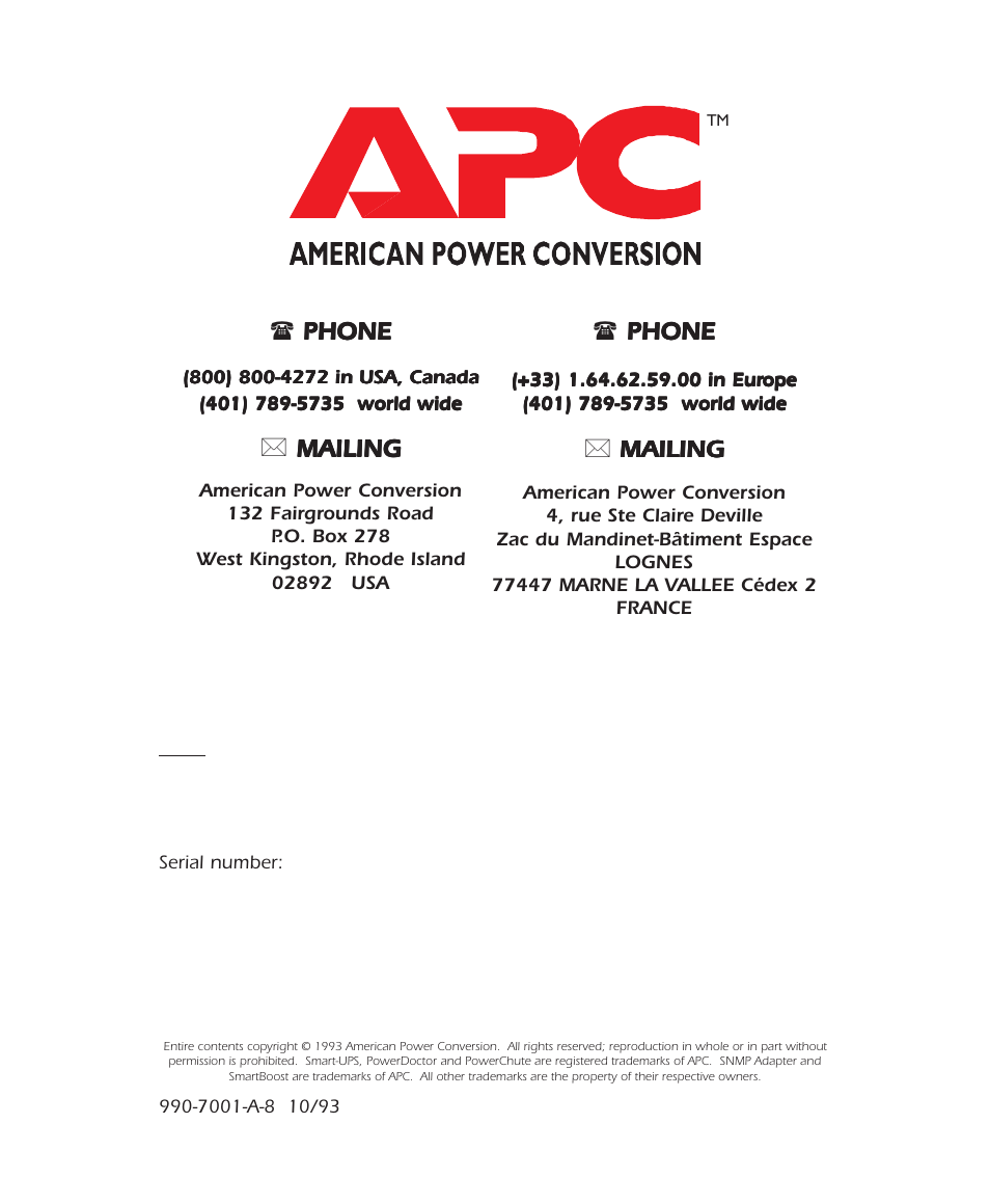 Phone phone phone phone phone, Mailing mailing mailing mailing mailing | APC 2000 User Manual | Page 44 / 44