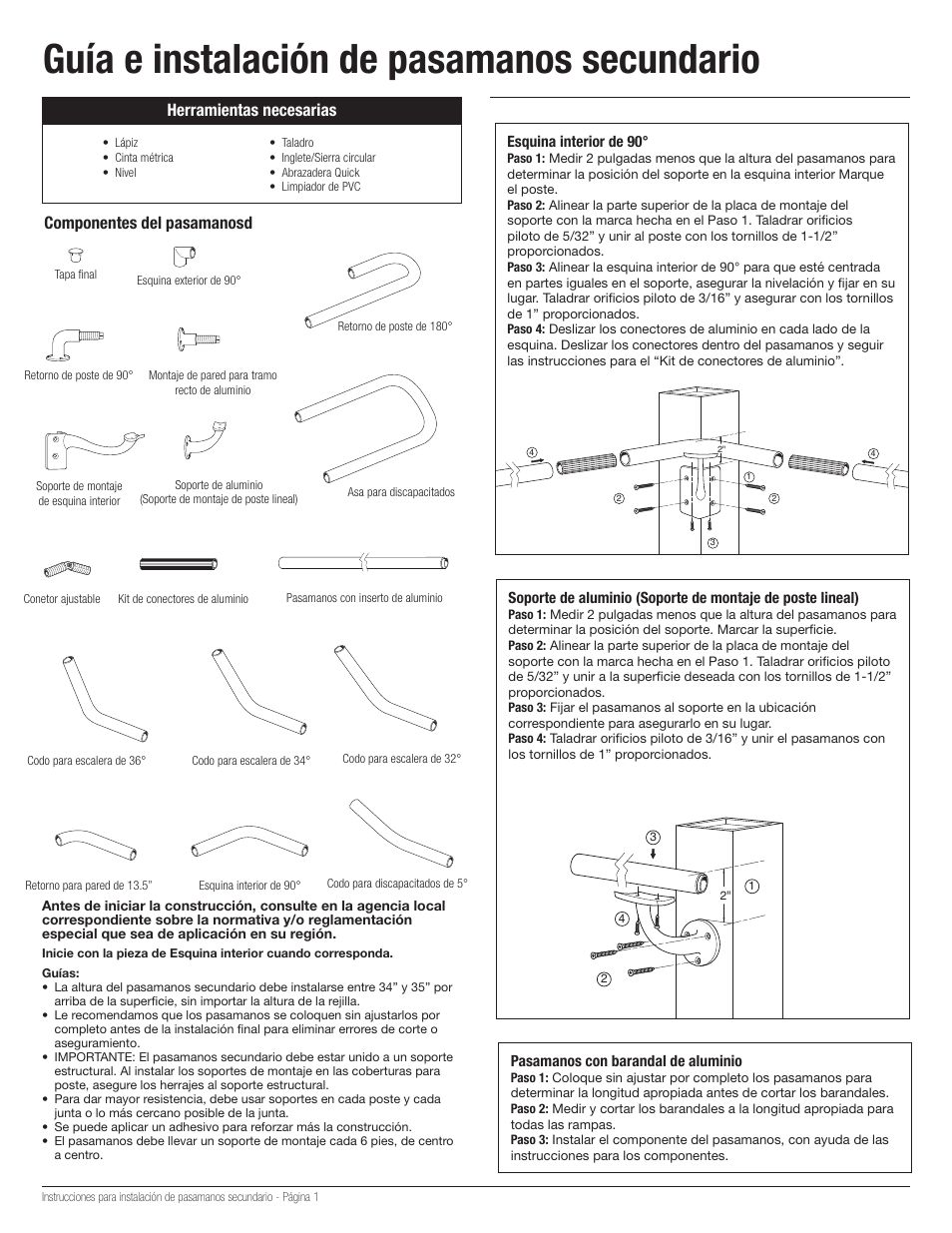 Guía e instalación de pasamanos secundario, Herramientas necesarias, Componentes del pasamanosd | Deckorators Secondary Handrail User Manual | Page 7 / 9