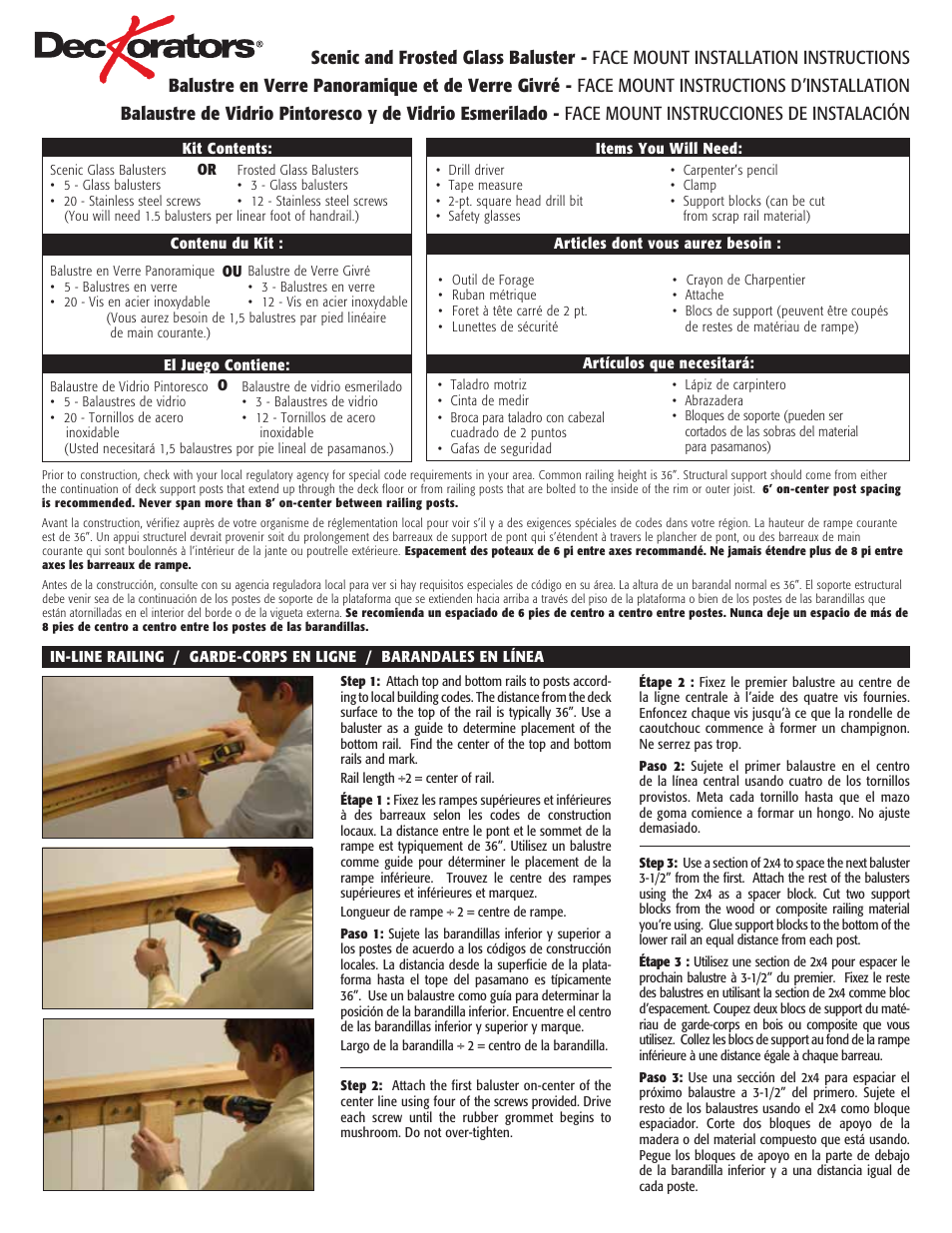 Deckorators Frosted Glass Baluster - FACE MOUNT User Manual | 2 pages