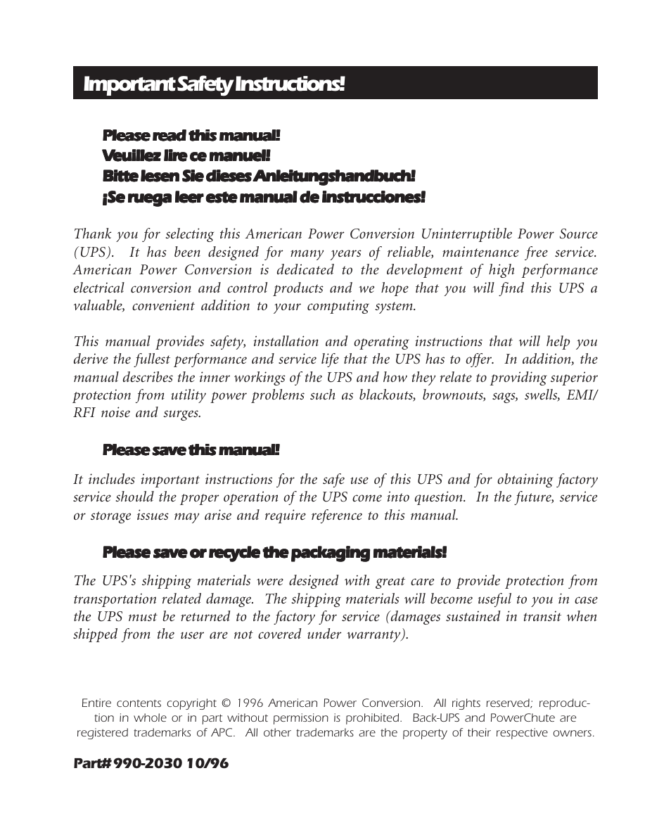 Important safety instructions | APC BK600EI User Manual | Page 2 / 40