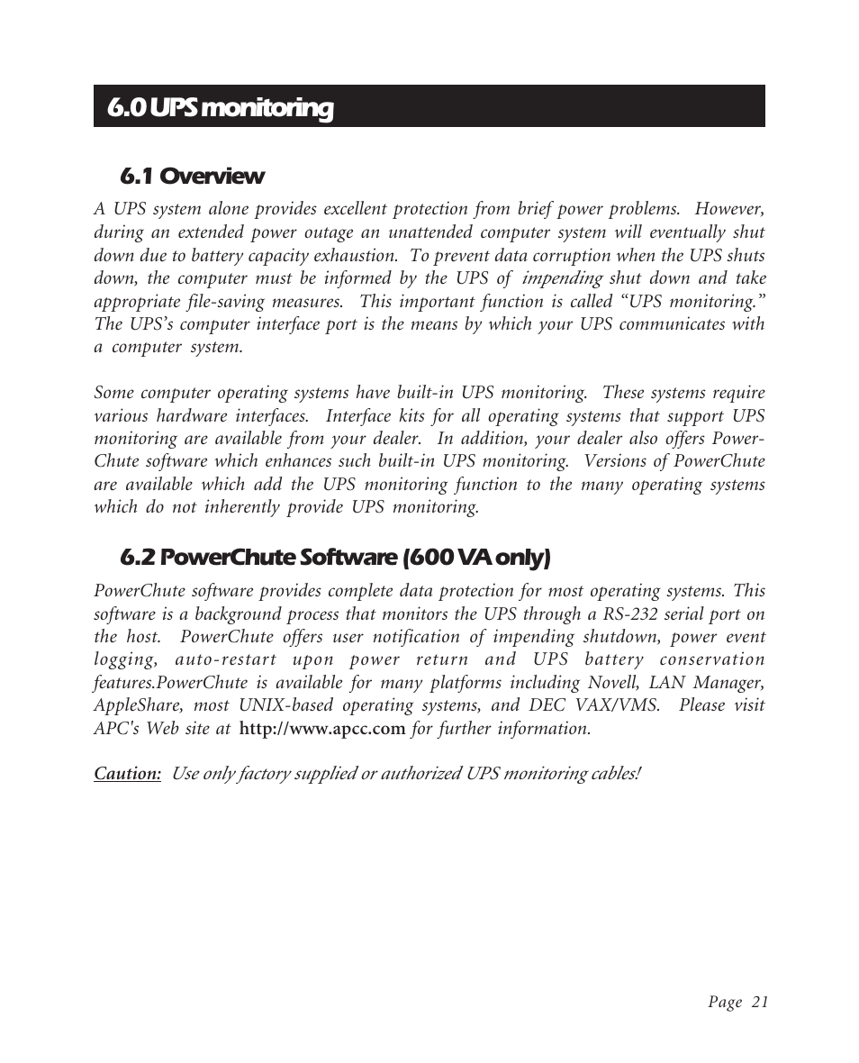 0 ups monitoring, 1 overview, 2 powerchute software (600 va only) | APC BK600EI User Manual | Page 23 / 40